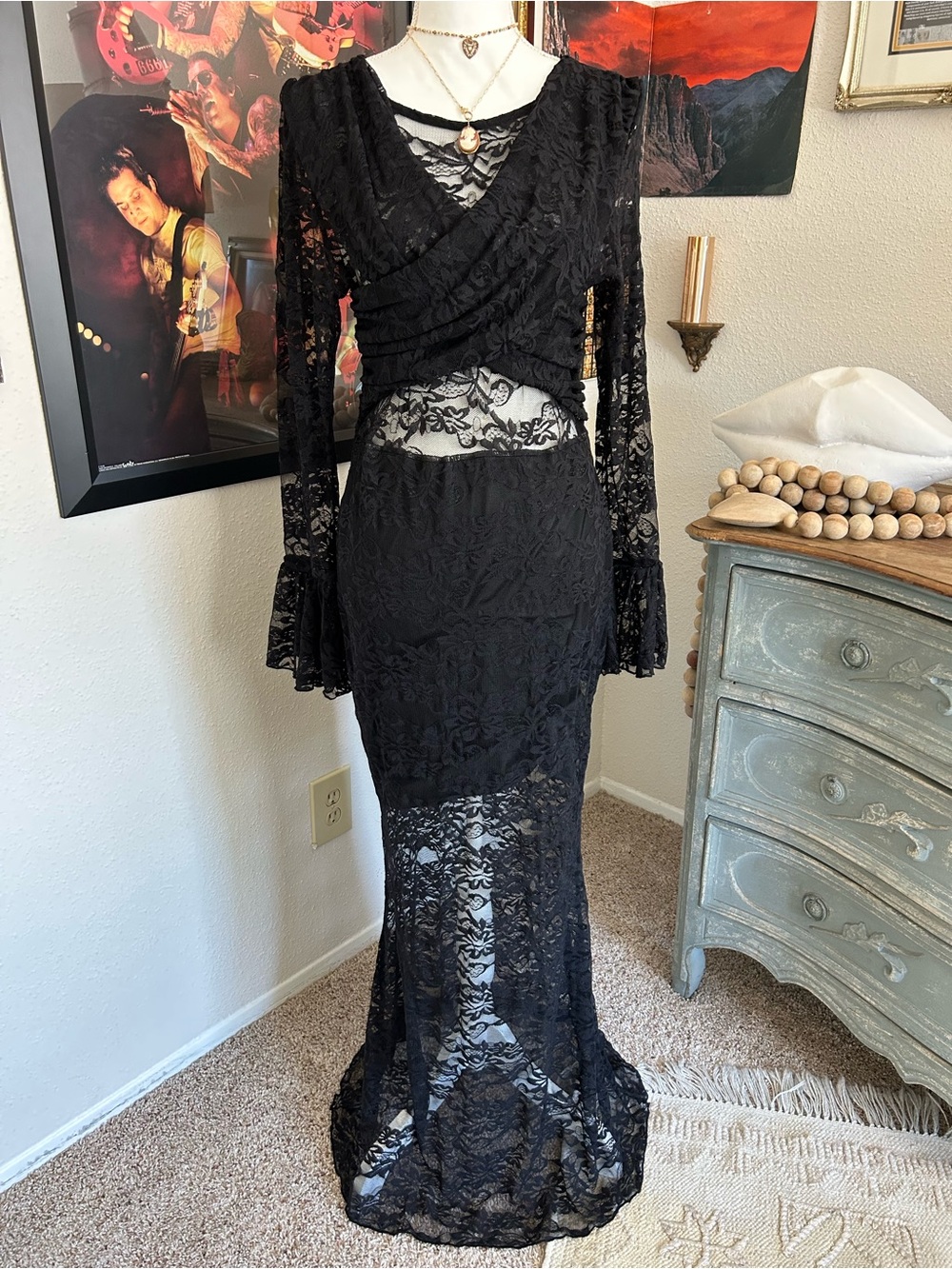 Whimsigoth Black Lace Maxi Dress Size XL Sheer Flare Sleeves Witchy Gothic Wrap